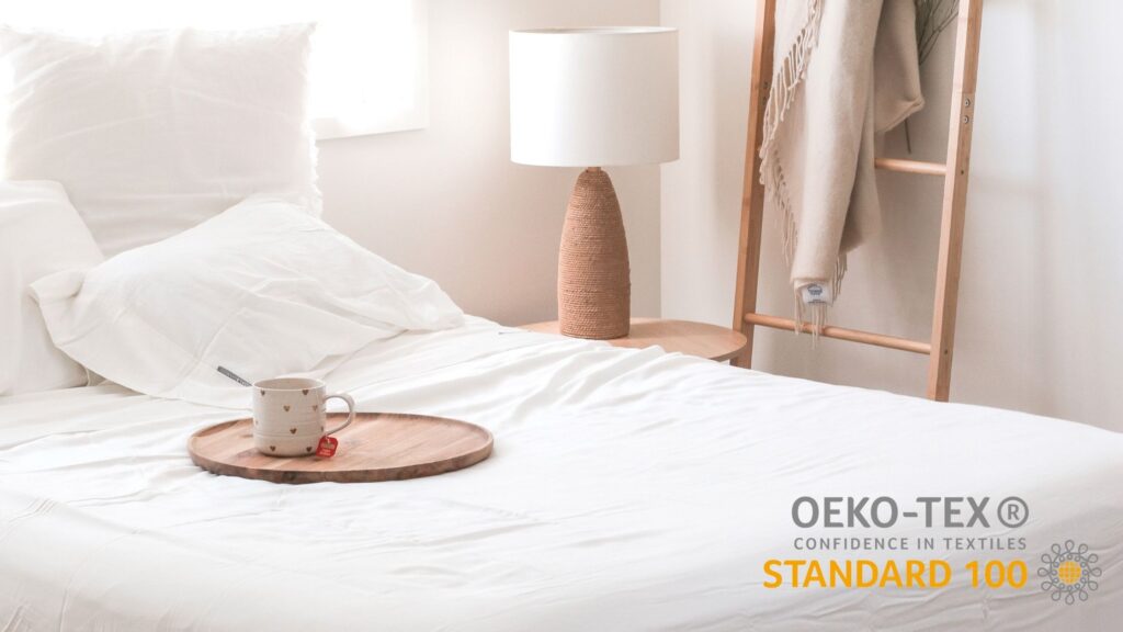 Bamboo Haus white sheets with Oeko-Tex Logo
